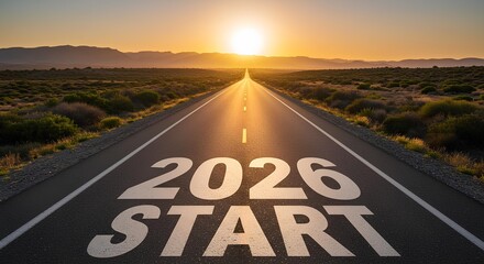 2026 Start. Panoramic view of an empty asphalt road going away to the horizon with the inscription “2026 START” , illuminated by the golden light of sunset, symbolizing the beginning of a new journ