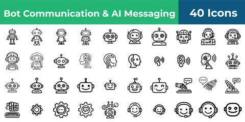 Collection of bot communication and ai messaging icons showing various robot and human interface designs