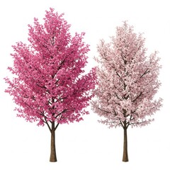 Obraz premium Two flowering trees with pink and light pink blossoms, isolated on white background