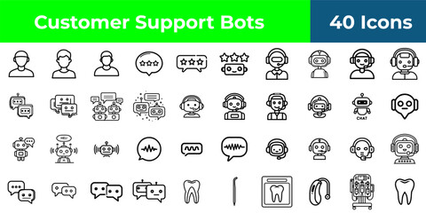 A collection of forty customer support bot icons in a grid pattern with various designs and styles