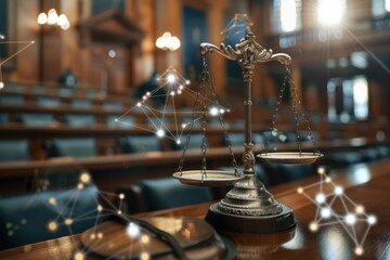 Scales of justice balancing in modern courtroom setting with technological overlay