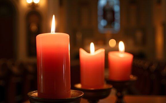 Saint Joseph church. Advent candles lit. Chedde. France. High quality