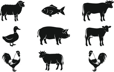 Farm Animal Silhouettes, Vector Icon Set, Sheep, Cow, Duck, Pig, Goat, Rooster, Fish, Black and White Clipart, Agriculture Livestock Symbols, Editable Graphic