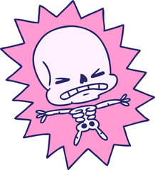 freehand drawn cartoon of a scary skeleton  in bright neon color