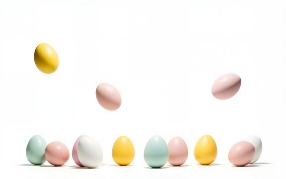 Set of various Easter eggs falling into the air, isolated on a white background. Easter holidays. High quality
