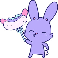 curious bunny cartoon with hotdog in bright neon color