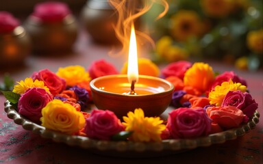 Beautiful aarti thali decorated with colorful flowers. Hindu festivals ritual tradition. High quality