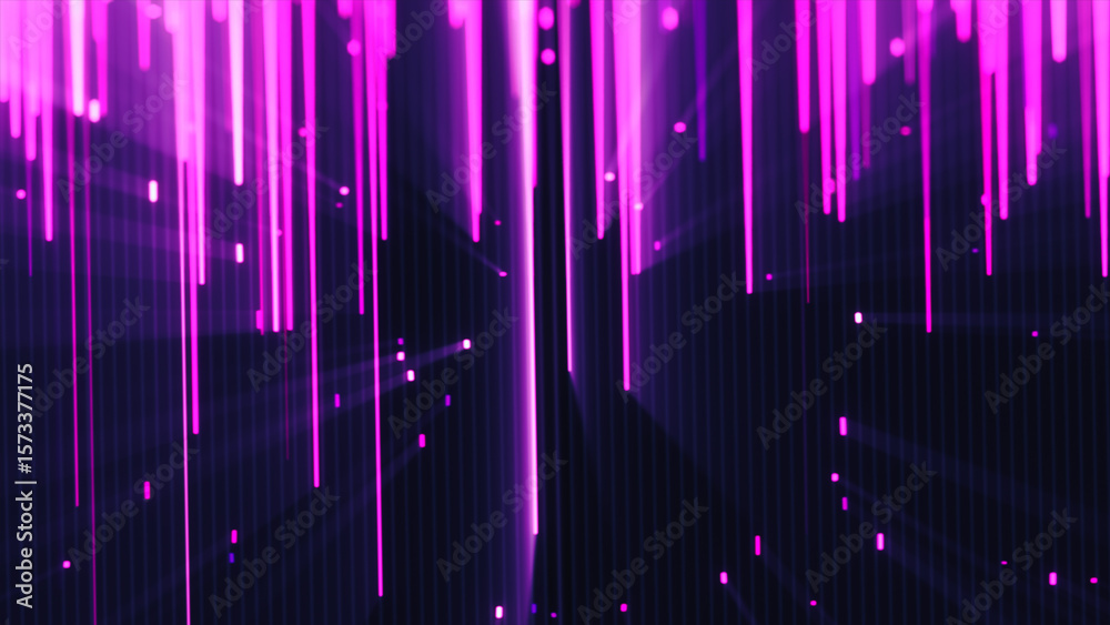 Poster abstract digital background with vertical magenta light trails creating a dynamic, futuristic tunnel