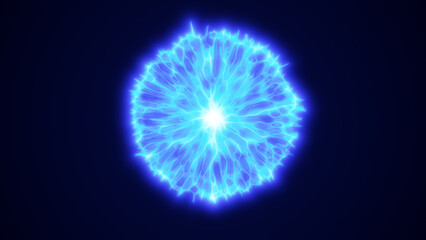 Bright electric blue sphere with fluid energy lines radiating outward on a dark background