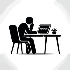 Stick Figure Programmer Working at Desk with Laptop Displaying Code Overwhelmed and Frustrated with Software Development Black and White Illustration