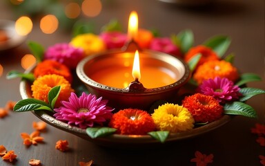 Beautiful aarti thali decorated with colorful flowers. Hindu festivals ritual tradition. High quality