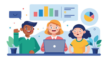 Team collaboration with laptop and charts showcasing diverse group working together on project data