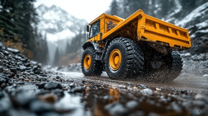 Yellow dump truck on rugged terrain