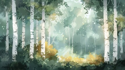 Dreamy Birch Forest Background: A Watercolor Painting with Sunlight