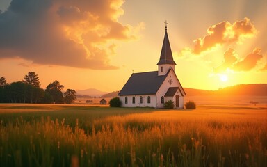 A serene sunset casts a golden glow over a quaint church nestled in a vibrant field, symbolizing peace and spirituality in rural landscapes. High quality