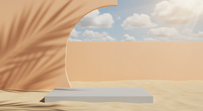 Minimalist product display platform with palm shadow on sand against a cloudy blue sky