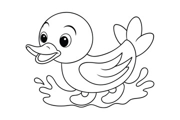 A cheerful duckling splashing water around for kids coloring book vector illustration.