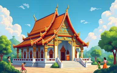 A beautifully illustrated temple adorned with colorful decorations and greenery, showcasing intricate architectural details. High quality