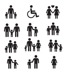 Diverse family and people icons including single parent with children and same sex couple silhouette isolated on white background