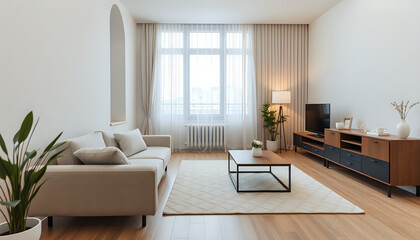 Modern apartment interior with clean design, neutral tones, and soft natural lighting.