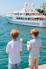 Two boys seen from behind holding ice cream while looking at a ship docked in the harbor, vertical frame, summer vibe, candid travel moment