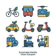 Flat vector icons of eco-friendly urban transport: bike, electric bus, car, scooter, charging station