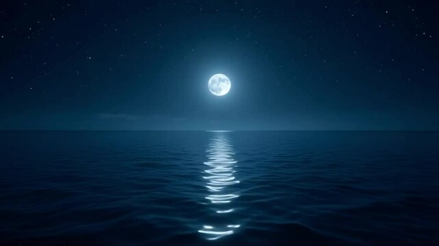Experience a tranquil midnight seascape view with a glowing moon reflecting on the serene ocean waves under a starlit sky.