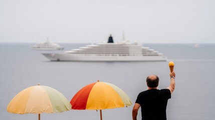Ice cream vendor cheerfully waving a waffle cone toward vacationers relaxing on a yacht at sea, joyful summer moment with playful twist