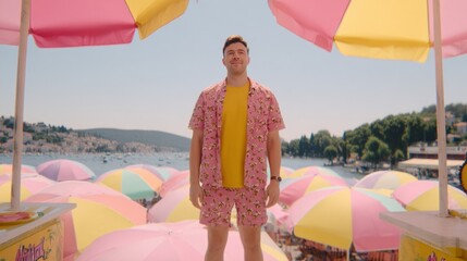 Funny character in pink shorts and a printed pink shirt relaxing on the beach surrounded by pink and yellow umbrellas, vibrant summer humor vibe