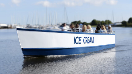 Small boat with "Ice Cream" sign delivering frozen treats to people relaxing on yachts, playful summer service scene in a sunny marina