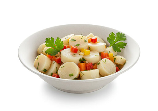 Heart of palm salad with colorful peppers and parsley in a white bowl on white background