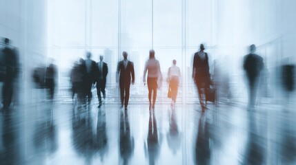 Dynamic business environment depicts blurred figures of executives and workers moving forward together in a contemporary office, showcasing modern professionalism.