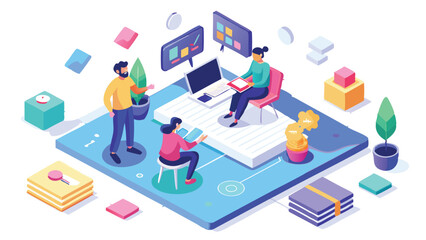 Isometric illustration of three people working collaboratively on a digital platform design project