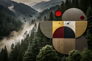 Obraz premium Harmonious Abstract Collage: Blending Natural Landscapes with Geometric Art and Flying Birds