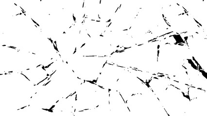 Crack effect collage of broken glass on white background. Transparent cracked black glass texture. Collection of cracks of broken glass on black background. Concept of shots on the window for design.