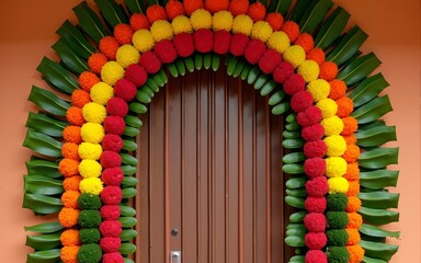 Indian flower door garland of mango leaves and marigold flowers for marriage and festivals traditional : Generative AI. High quality
