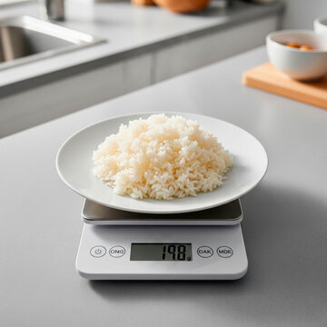 Plate of Rice on a Digital Kitchen Scale for Portion Control