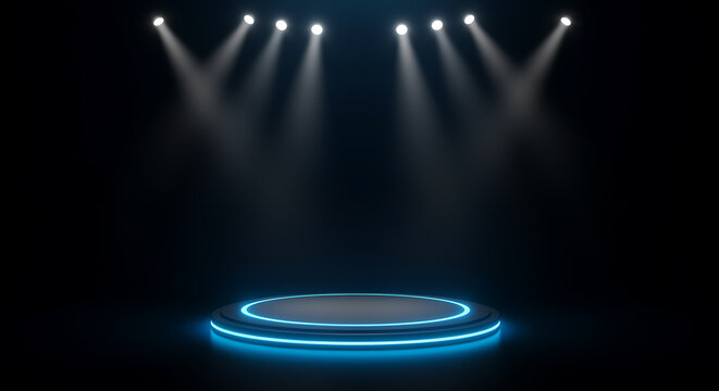 Illuminated modern stage platform with blue lights and spotlights in a dark studio scene