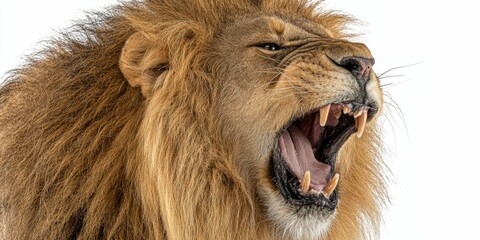 A lion roaring with a fierce expression and sharp teeth, is isolated on a white background, emphasizing its wild power and perfect for adding creative text.