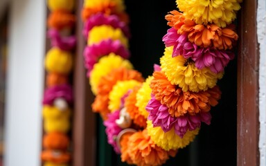 close-up shot of a colorful and intricate flower garland toran hanging in a doorway for an Indian Hindu holiday or wedding celebration. High quality