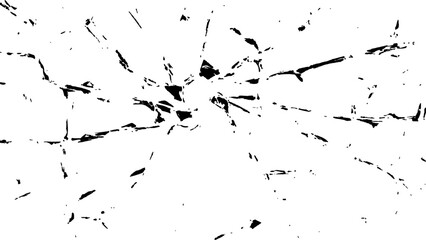 Crack effect collage of broken glass on white background. Transparent cracked black glass texture. Collection of cracks of broken glass on black background. Concept of shots on the window for design.