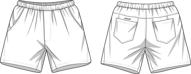 Front and Back View of White Shorts with Grey Waistband, Flap Pockets, AMOR Design, Summer Casual Wear, Stylish Apparel, Fashion Illustration