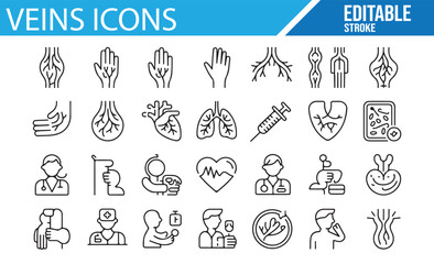 Medical Healthcare Symbols and Veins Icons in Editable Stroke Style