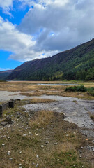 Expansive Wetlands and Forested Hills under Dramatic Sky in Glendalough Valley, Ireland