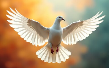 Obraz premium A white dove with outstretched wings soars gracefully against a backdrop of vibrant,. High quality