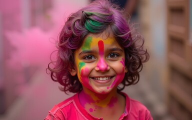 Holi Festival  Child s Portrait  Colorful Face  India  Joy  Tradition  Culture. High quality