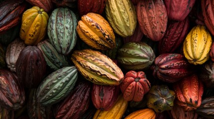 A of cacao seeds still encased in their juicy pulp gathered together within the fruit.
