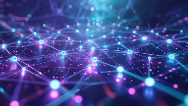Abstract glowing network of interconnected nodes and lines in neon blue and purple
