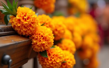 A marigold garland used in traditional Indian festivals. High quality
