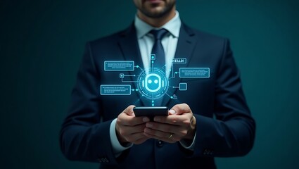 Consumers chatting with artificial intelligence through smartphones Sensible computerised chatbot that chats. AI